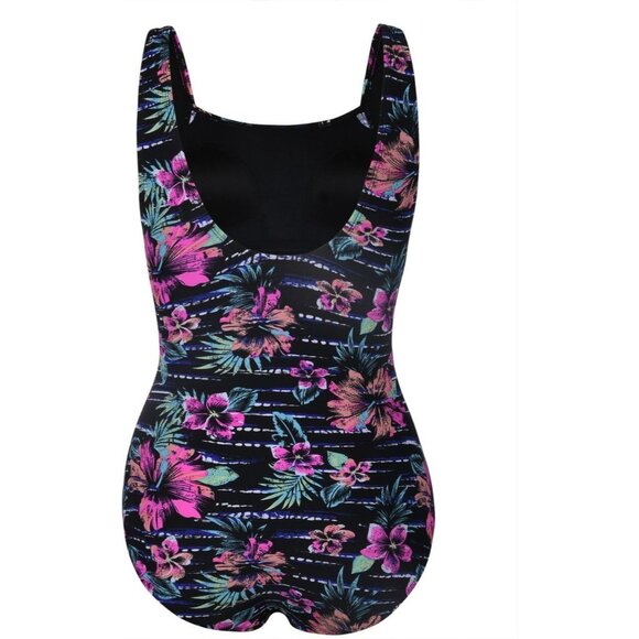 Women's Black Red Floral One Piece Bathing Suit Ruched Tummy Control Swimsuit - Picture 4 of 4